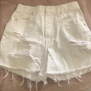 White distressed denim high waisted shorts